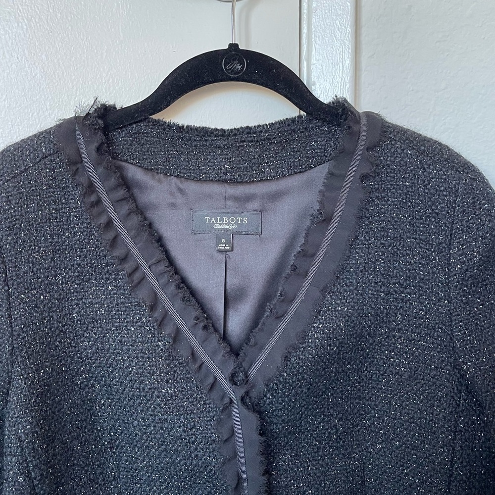 Talbots Collection Black Tweed Silver Shimmer Fringed Ruffle Wool Jacket 8 - Picture 3 of 10